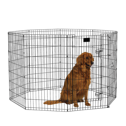Midwest® Exercise Pen with Walk-Thru Door,"Black wire exercise pen with walk-thru door and dog inside"