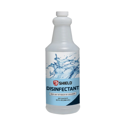 Disinfectant Spray by Shield,"White bottle with blue label and white screw cap"