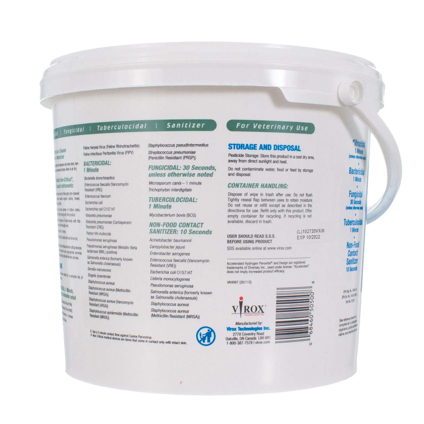 Rescue®  Disinfectant Cleaner,"White disinfectant wipe bucket with handle, back label view"