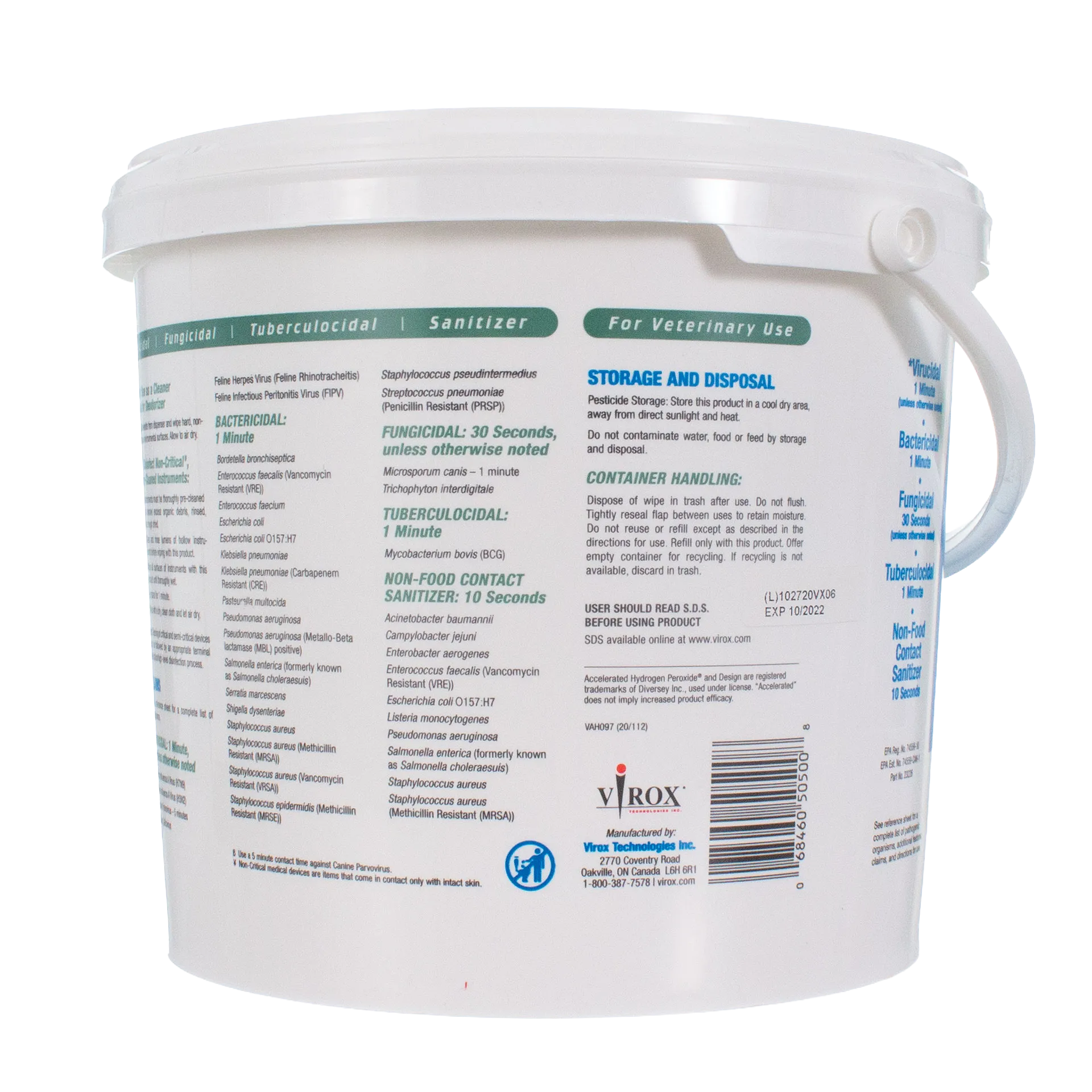 Rescue®  Disinfectant Cleaner,"White disinfectant wipe bucket with handle, back label view"