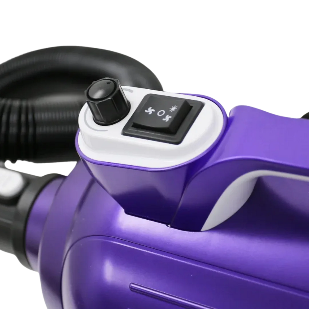 Solo-Stream Dryer by Waggz,"Close-up of purple control knob and switch"