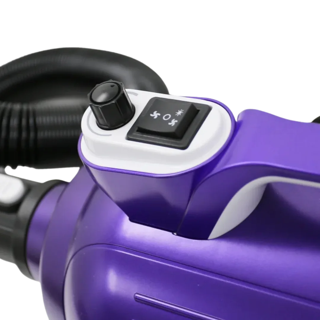 Solo-Stream Dryer by Waggz,"Close-up of purple control knob and switch"