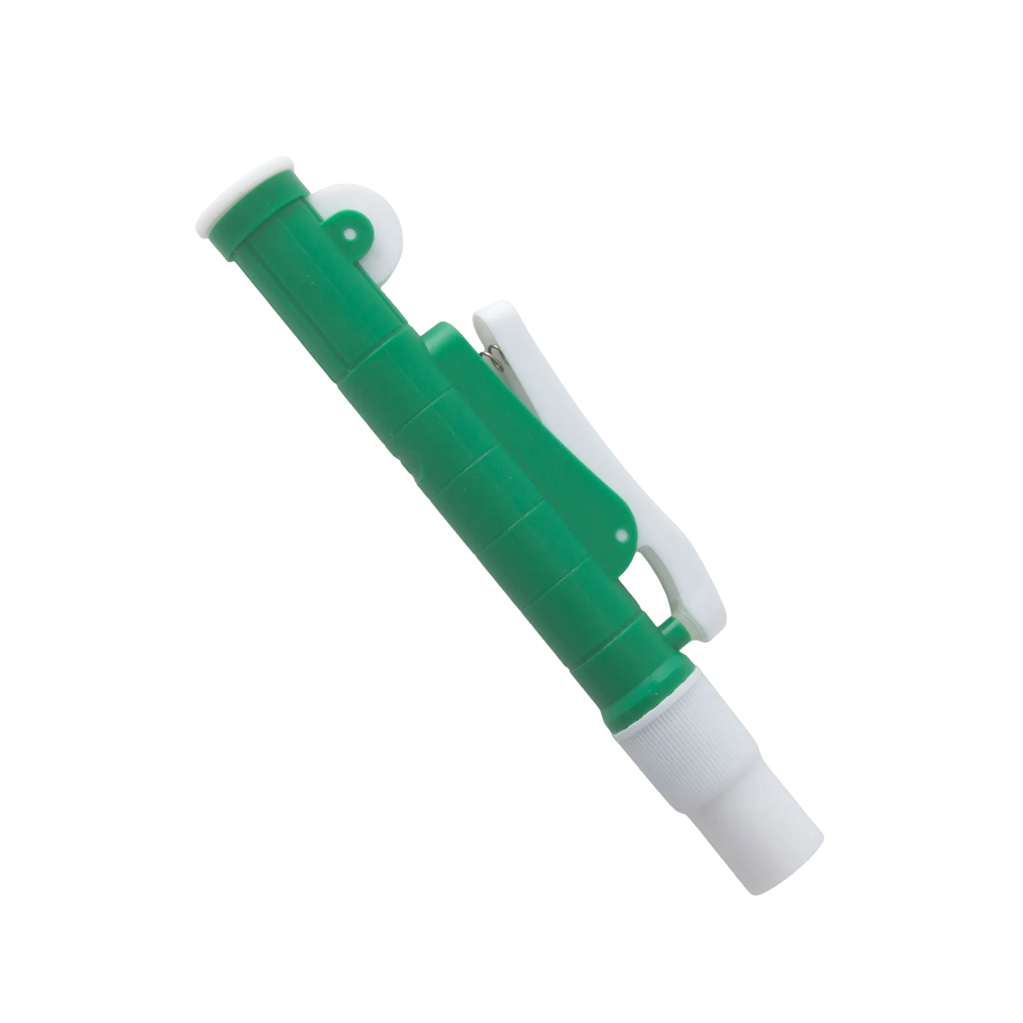 Pipette Pump,"Green and white pipette pump angled side view"