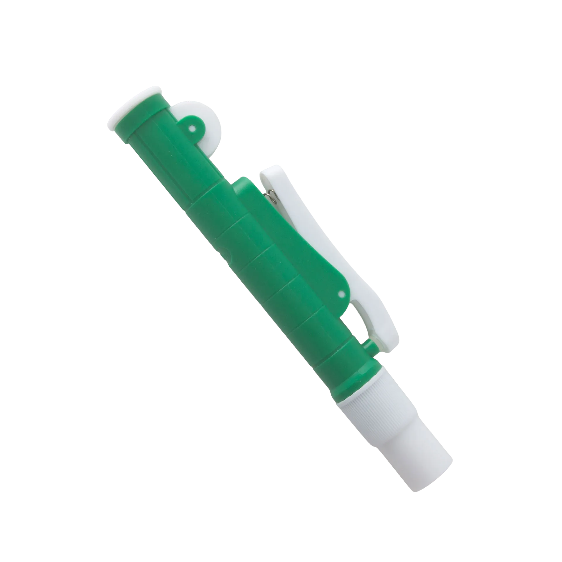 Pipette Pump,"Green and white pipette pump angled side view"
