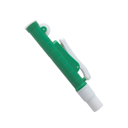 Pipette Pump,"Green and white pipette pump angled side view"
