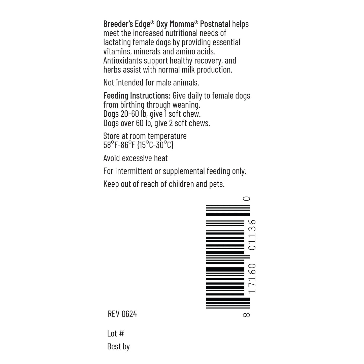 Breeder's Edge® Oxy Momma®,"Back label panel with feeding directions and barcode"