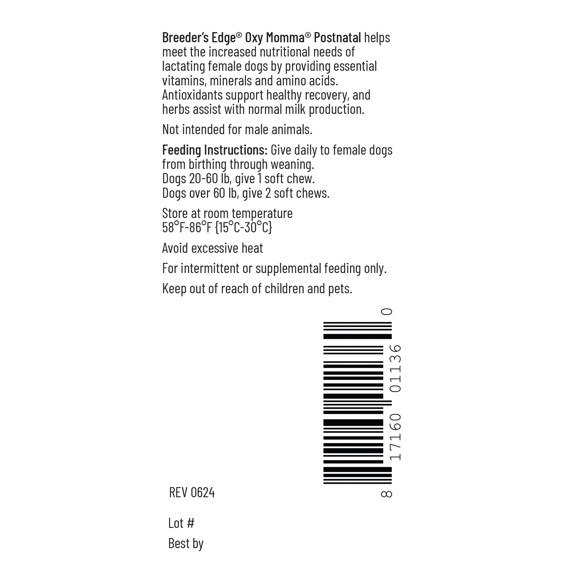 Breeder's Edge® Oxy Momma®,"Back label panel with feeding directions and barcode"