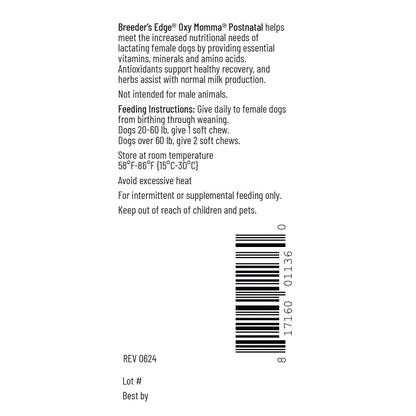 Breeder's Edge® Oxy Momma®,"Back label panel with feeding directions and barcode"