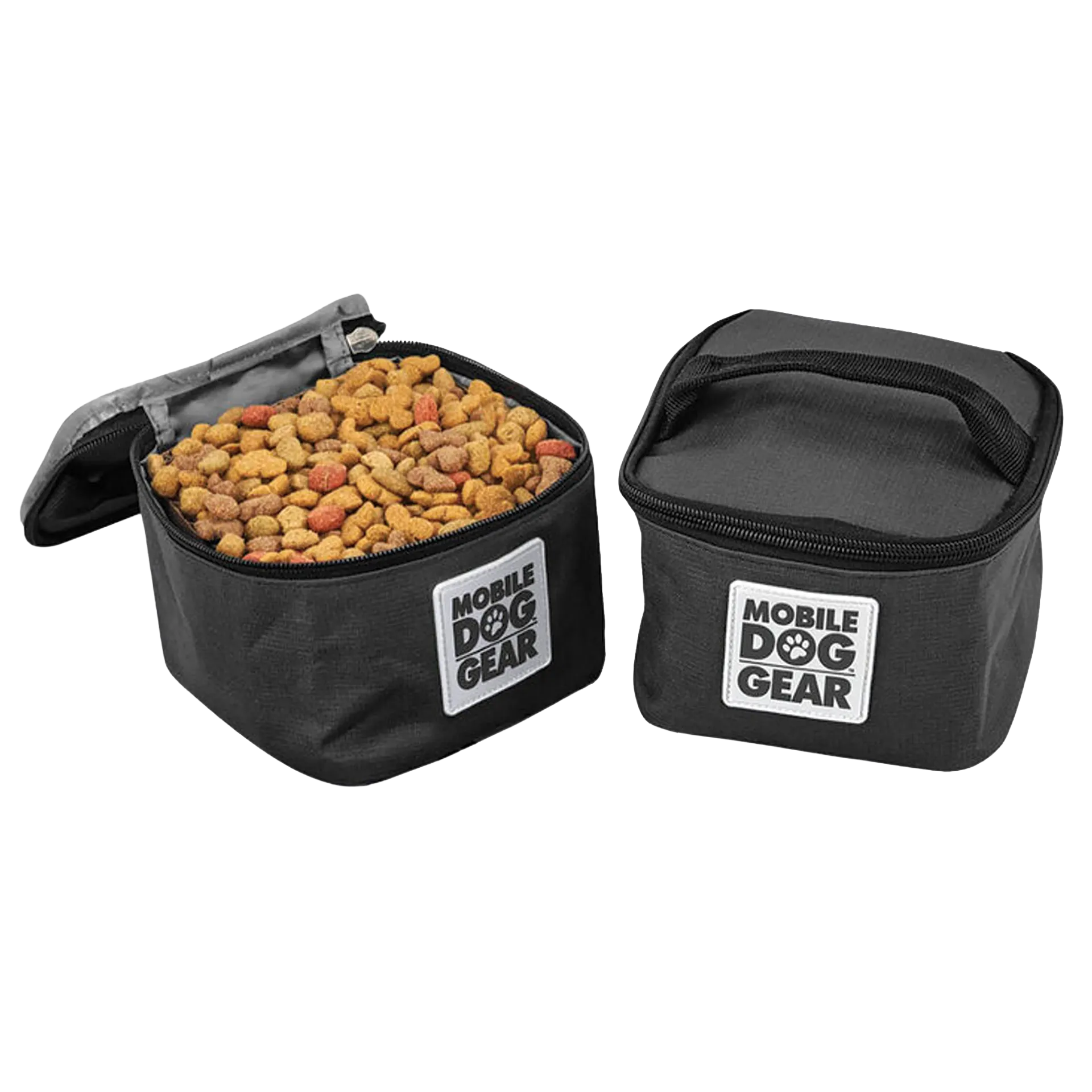 Replacement Insulated Dog Food Carriers,"Two black insulated carriers, one open and filled with kibble"