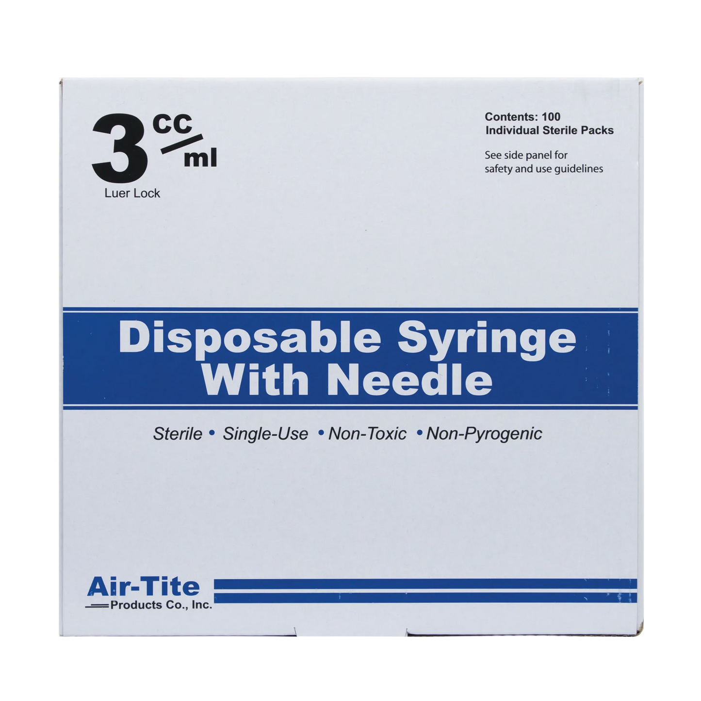 Sterile 3ml Syringe Luer Lock 20x1.5,"White product box with blue band label"