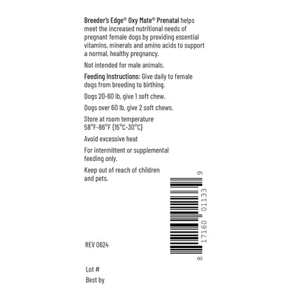 Breeder's Edge® Oxy Mate® Prenatal,"Back of package with directions and barcode"