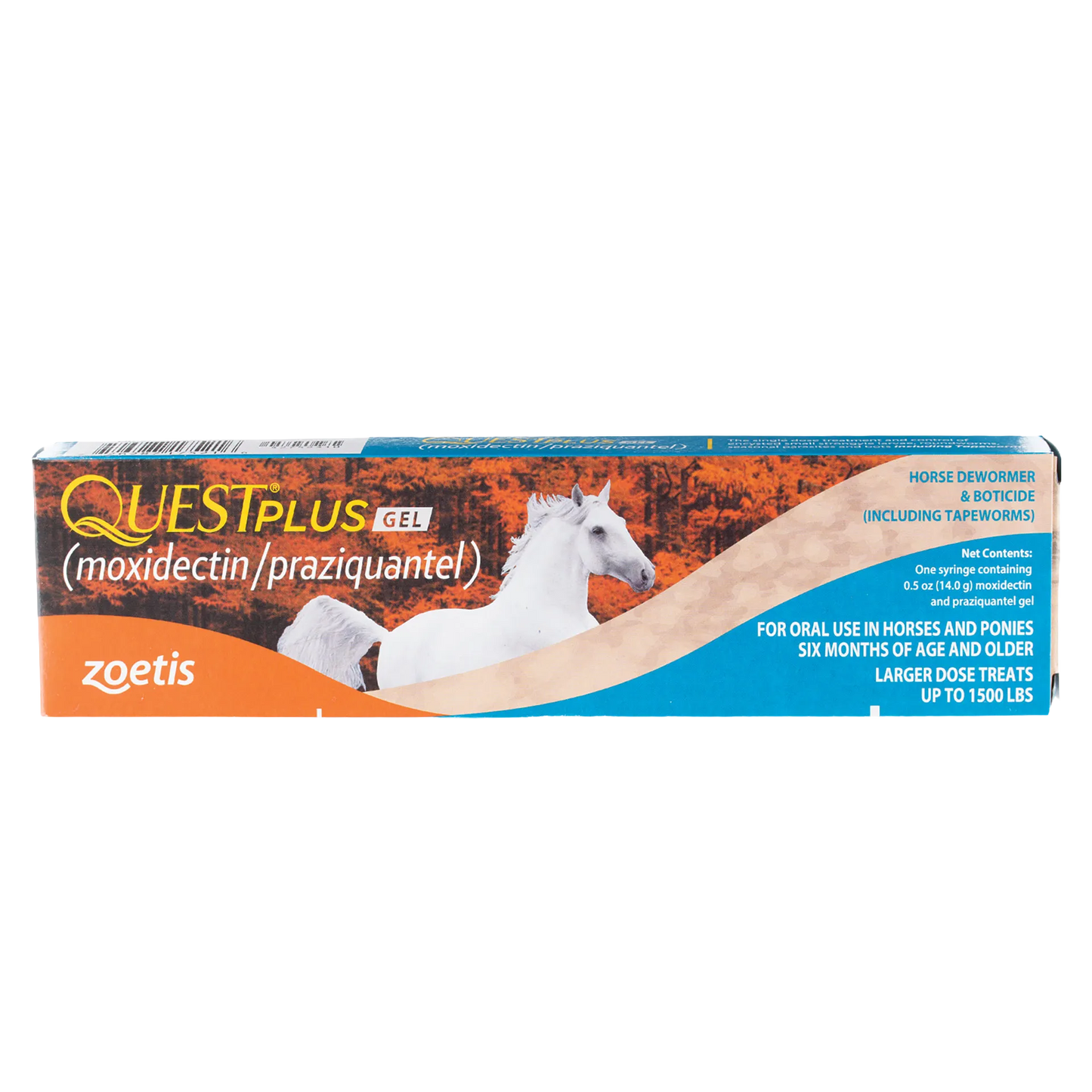 Quest® Plus Equine Oral Gel,"Orange and blue product box with white horse image"