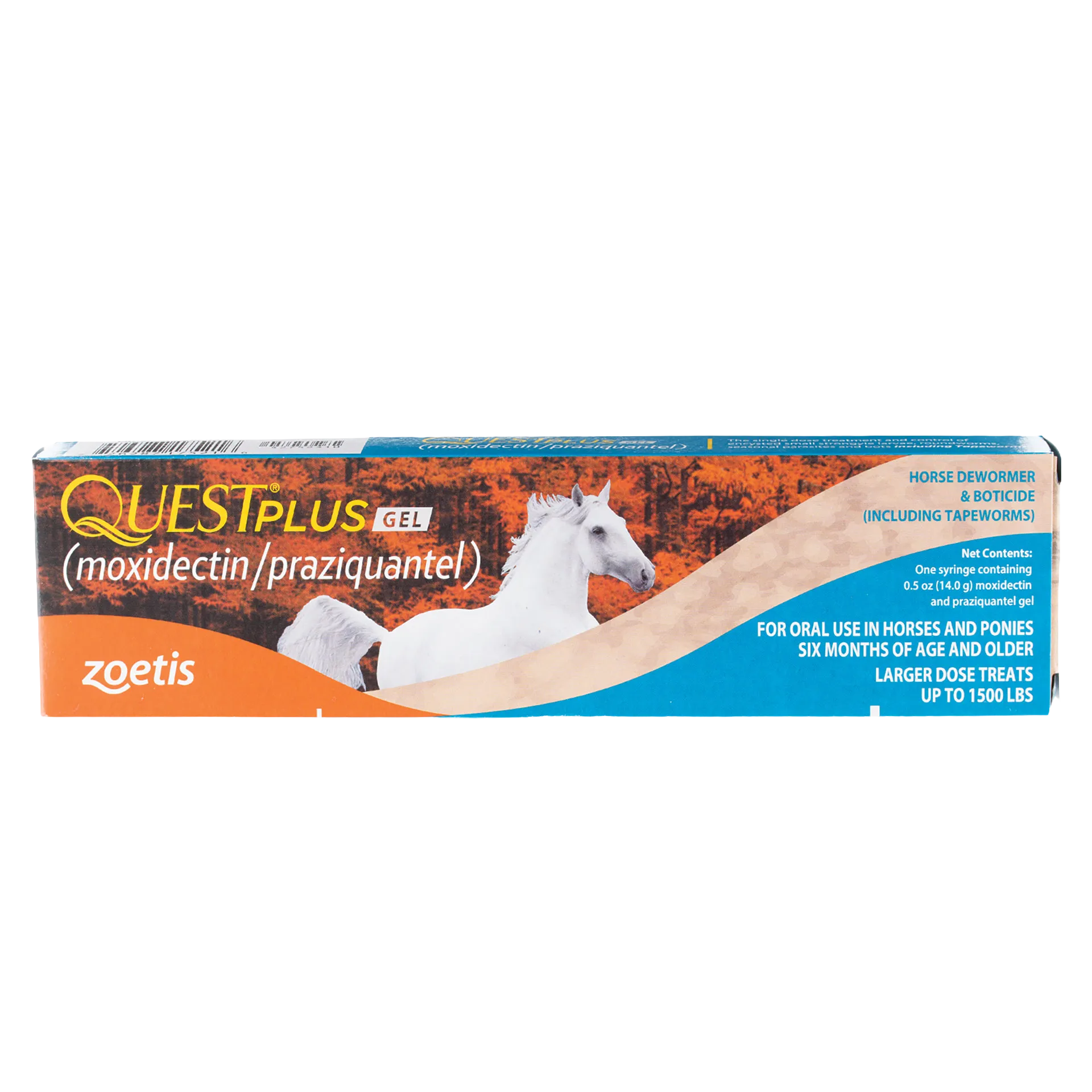 Quest® Plus Equine Oral Gel,"Orange and blue product box with white horse image"