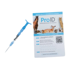 ProID® ISO Microchips,"Blue syringe applicator beside registration card"