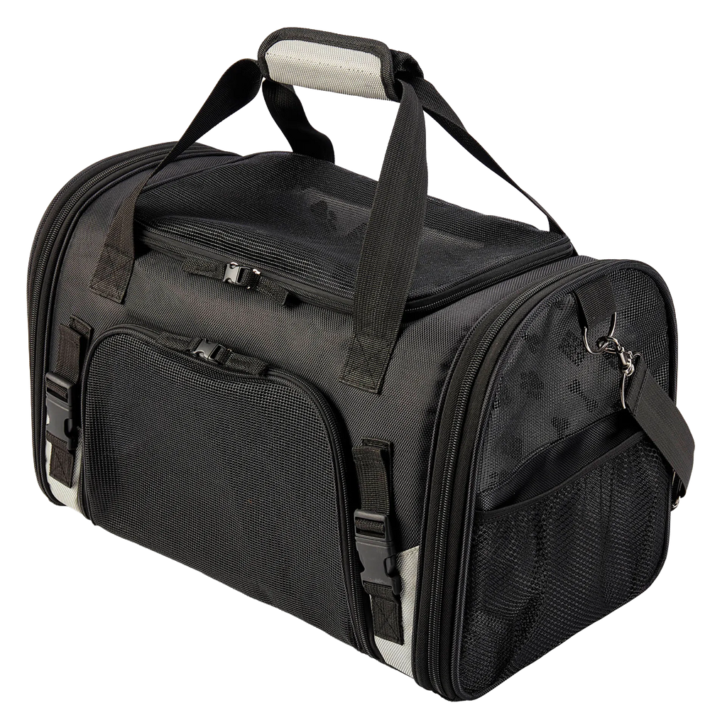 Mobile Dog Gear Pet Carrier Plus,"Black pet carrier with mesh top, side pockets, and shoulder strap"