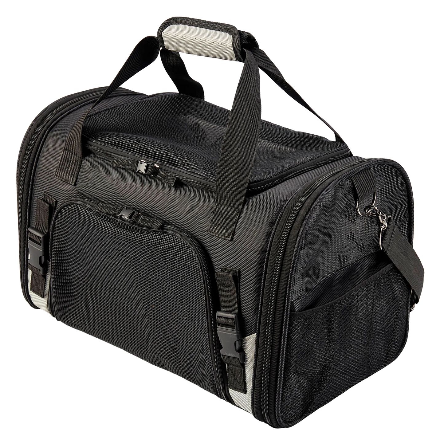 Mobile Dog Gear Pet Carrier Plus,"Black pet carrier with mesh top, side pockets, and shoulder strap"