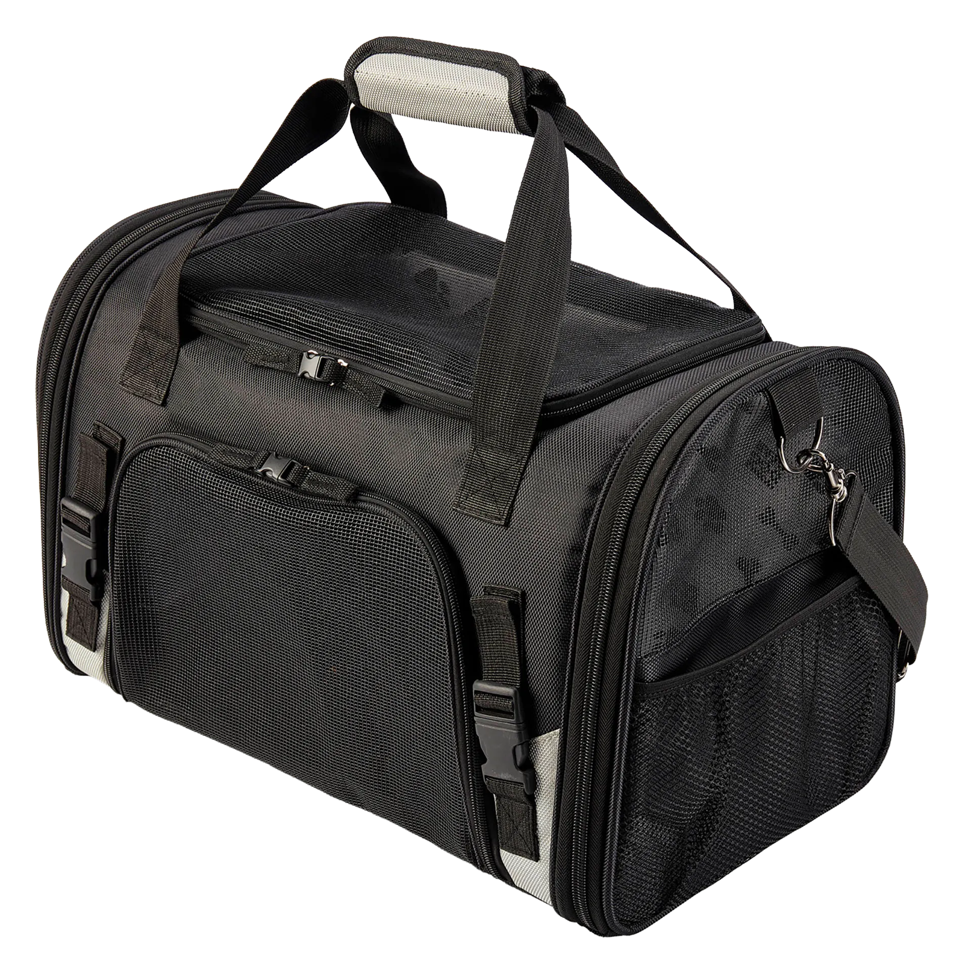 Mobile Dog Gear Pet Carrier Plus,"Black pet carrier with mesh top, side pockets, and shoulder strap"