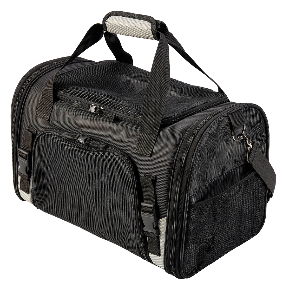 Mobile Dog Gear Pet Carrier Plus,"Black pet carrier with mesh top, side pockets, and shoulder strap"
