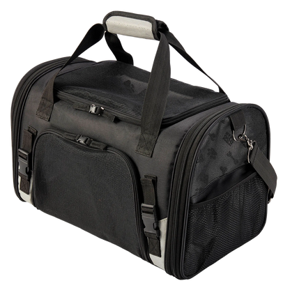 Mobile Dog Gear Pet Carrier Plus,"Black pet carrier with mesh top, side pockets, and shoulder strap"