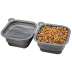 Replacement Collapsible Dog Bowls,"Two gray collapsible pet bowls, one filled with kibble"
