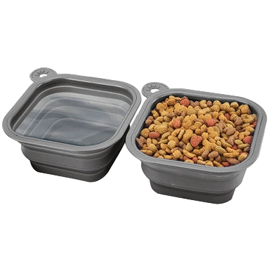 Replacement Collapsible Dog Bowls,"Two gray collapsible pet bowls, one filled with kibble"