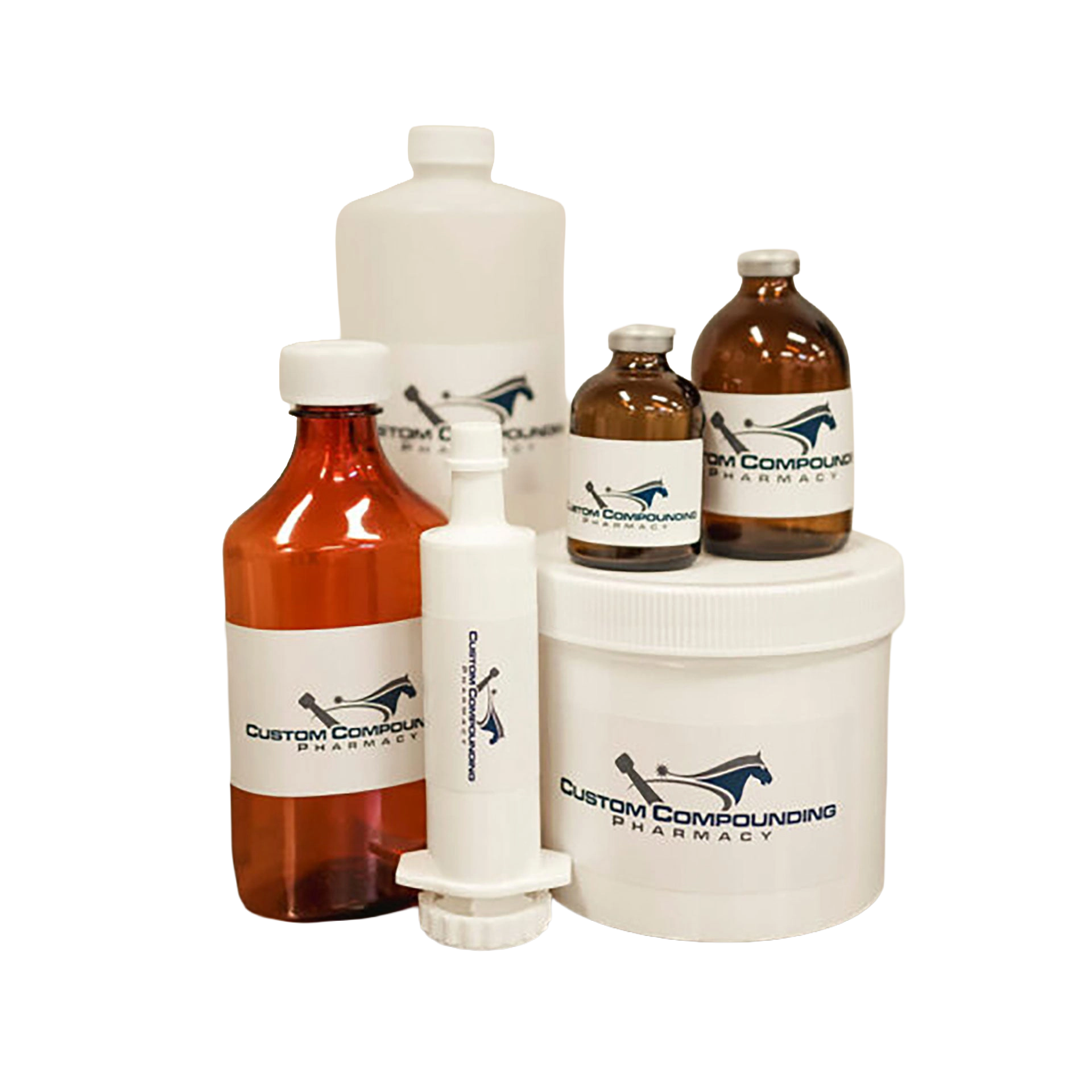 Estradiol 17B Injectable,"Amber bottles with white jar and white dispenser bottle"