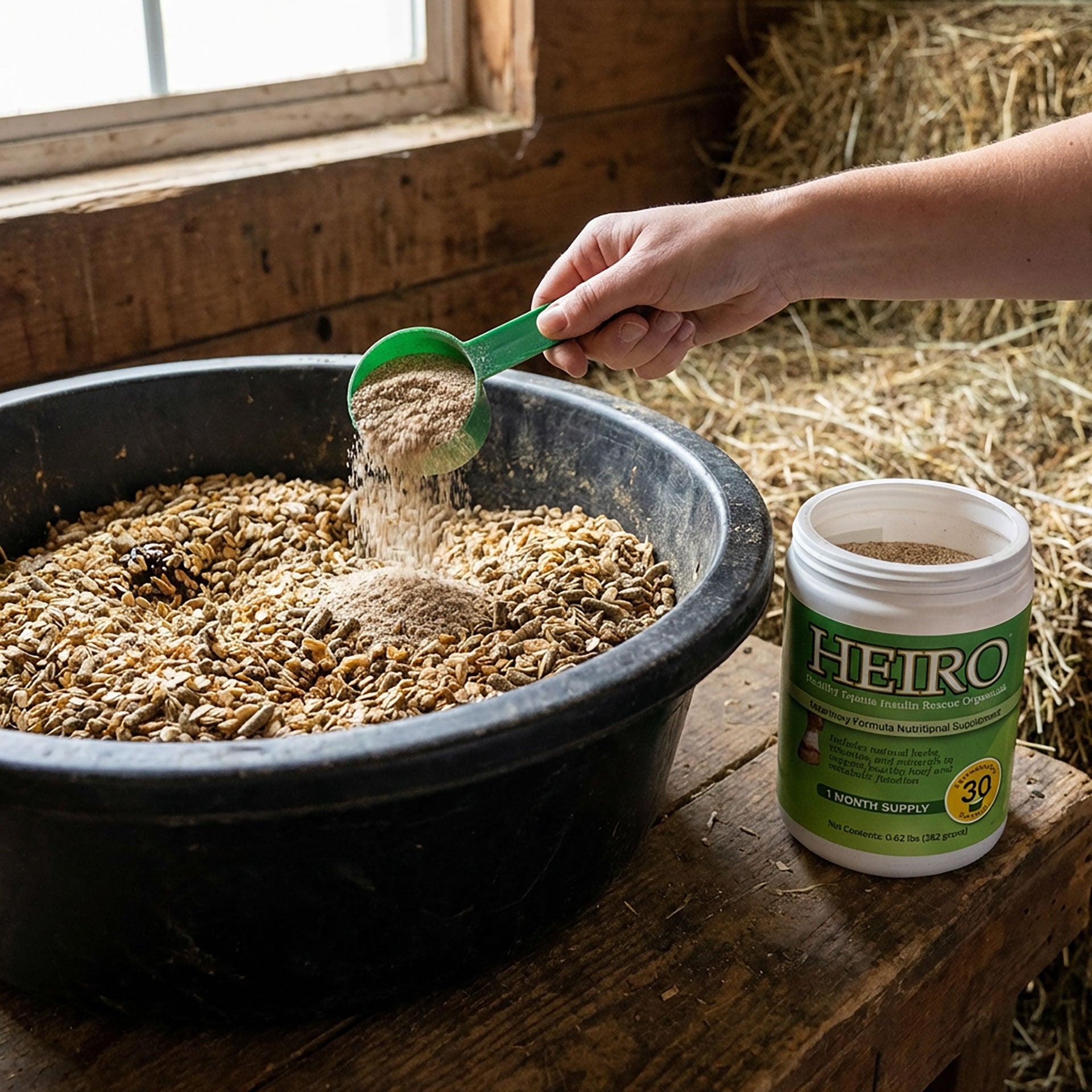 Heiro™,"Green scoop pouring powder into feed tub beside open jar"