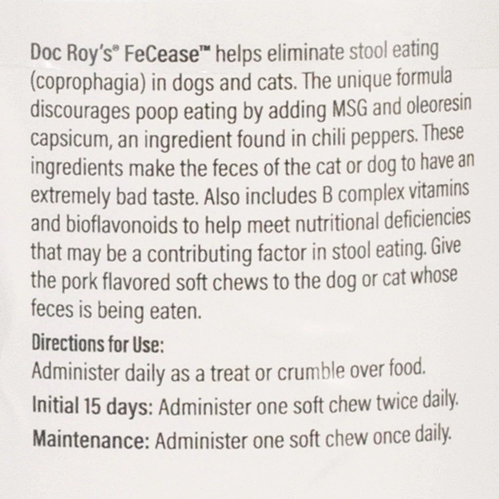 Doc Roy's® FeCease™,"Close-up of package directions and product information text"