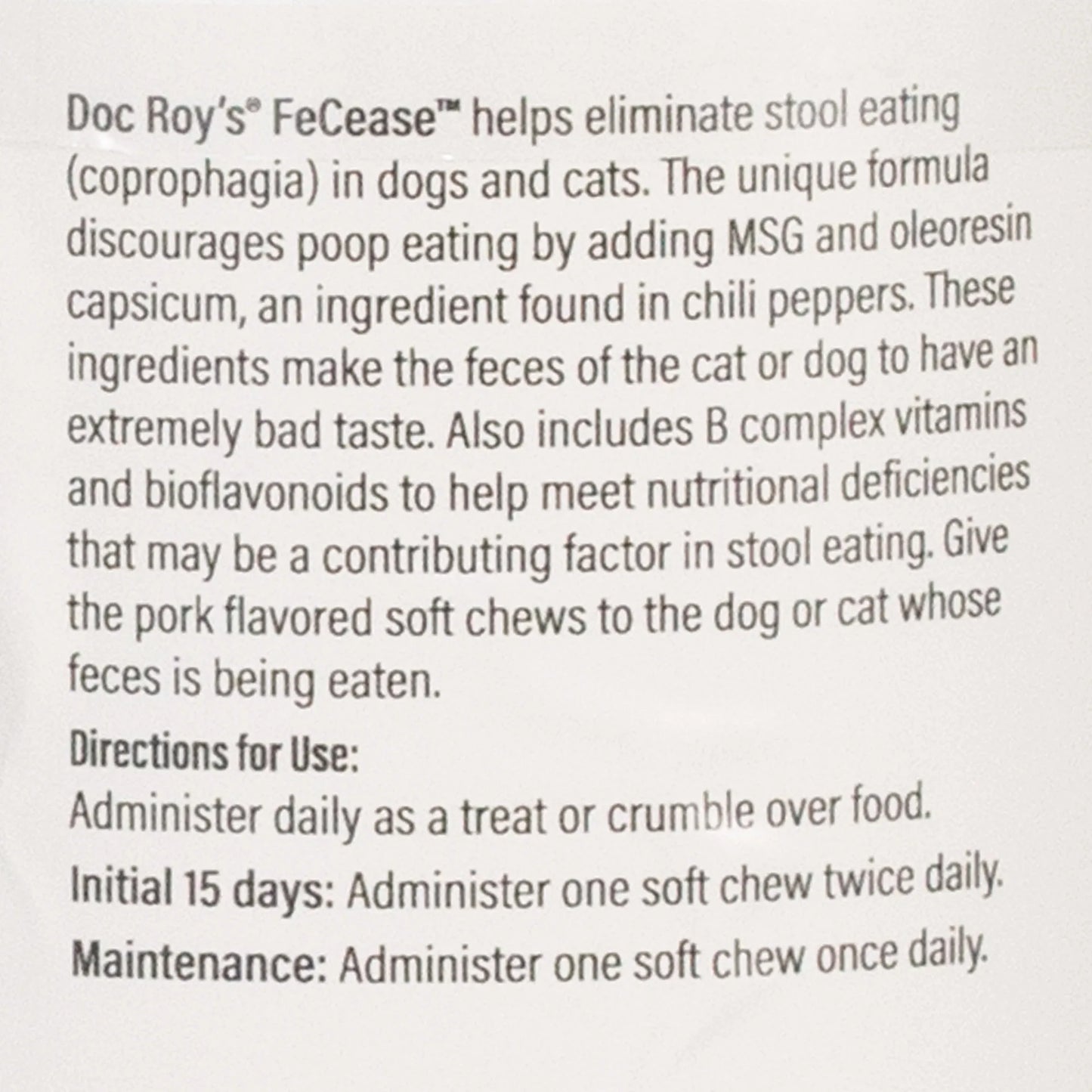 Doc Roy's® FeCease™,"Close-up of package directions and product information text"