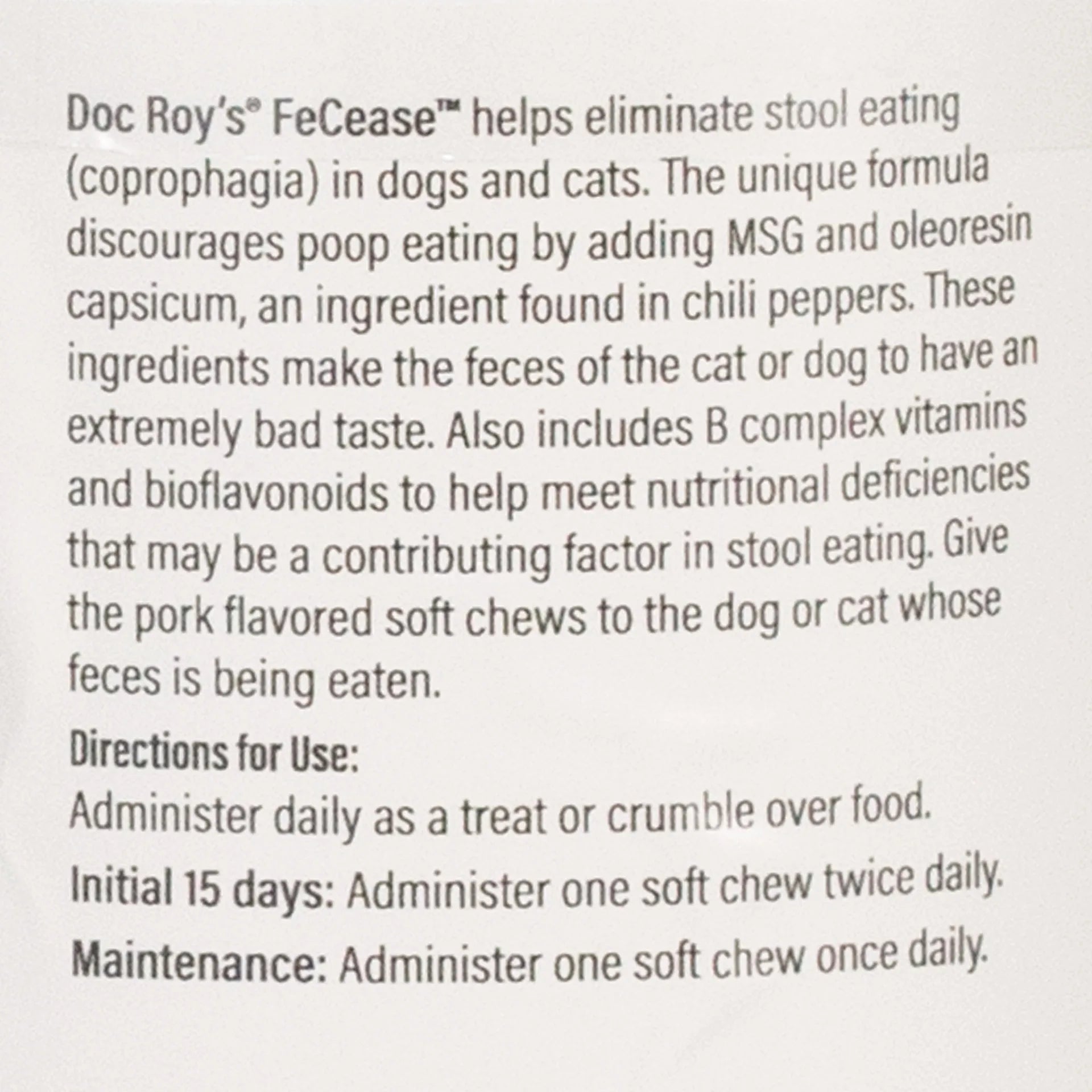 Doc Roy's® FeCease™,"Close-up of package directions and product information text"