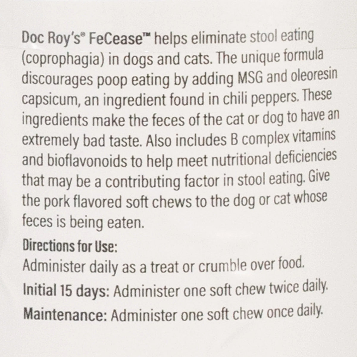 Doc Roy's® FeCease™,"Close-up of package directions and product information text"