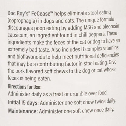 Doc Roy's® FeCease™,"Close-up of package directions and product information text"