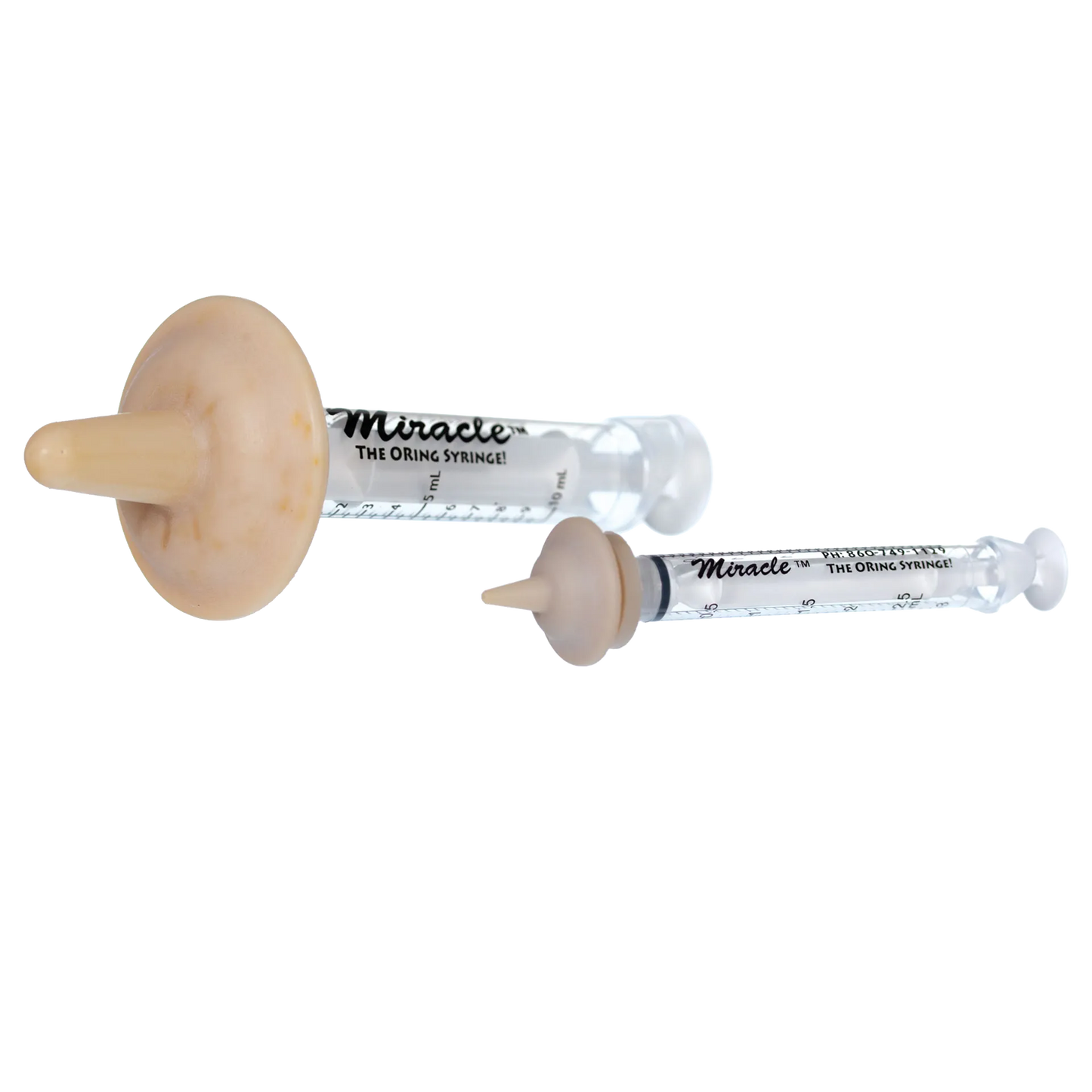 "The Miracle Nipple® for Kittens, Puppies, and Small Mammals","Two clear feeding syringes with beige rubber nipples"