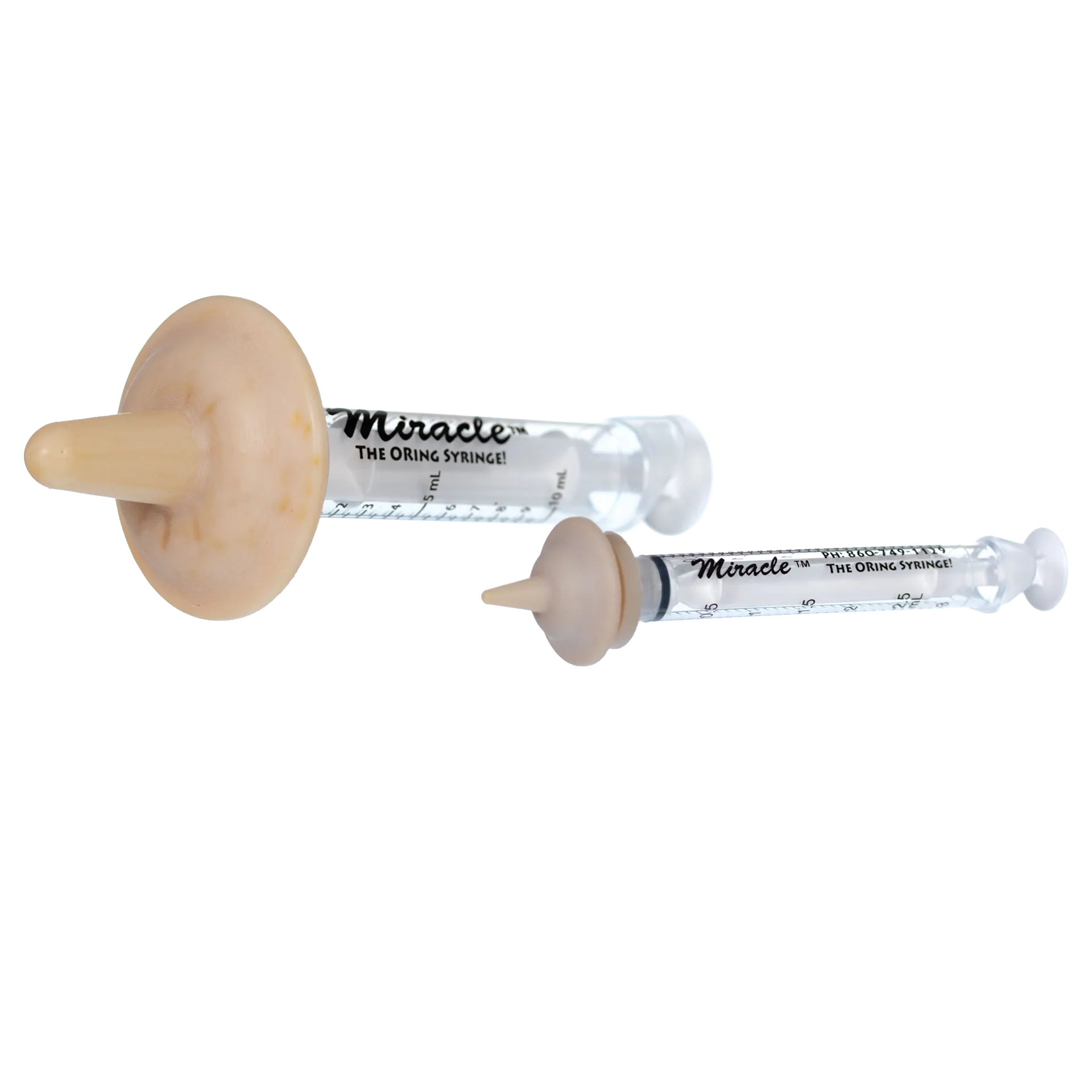 "The Miracle Nipple® for Kittens, Puppies, and Small Mammals","Two clear feeding syringes with beige rubber nipples"
