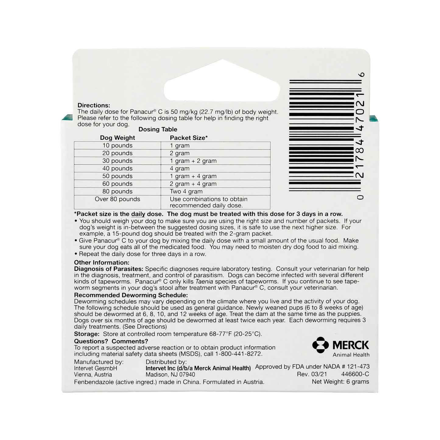 Panacur® C Canine Dewormer,"Back of product box with dosing table and barcode"
