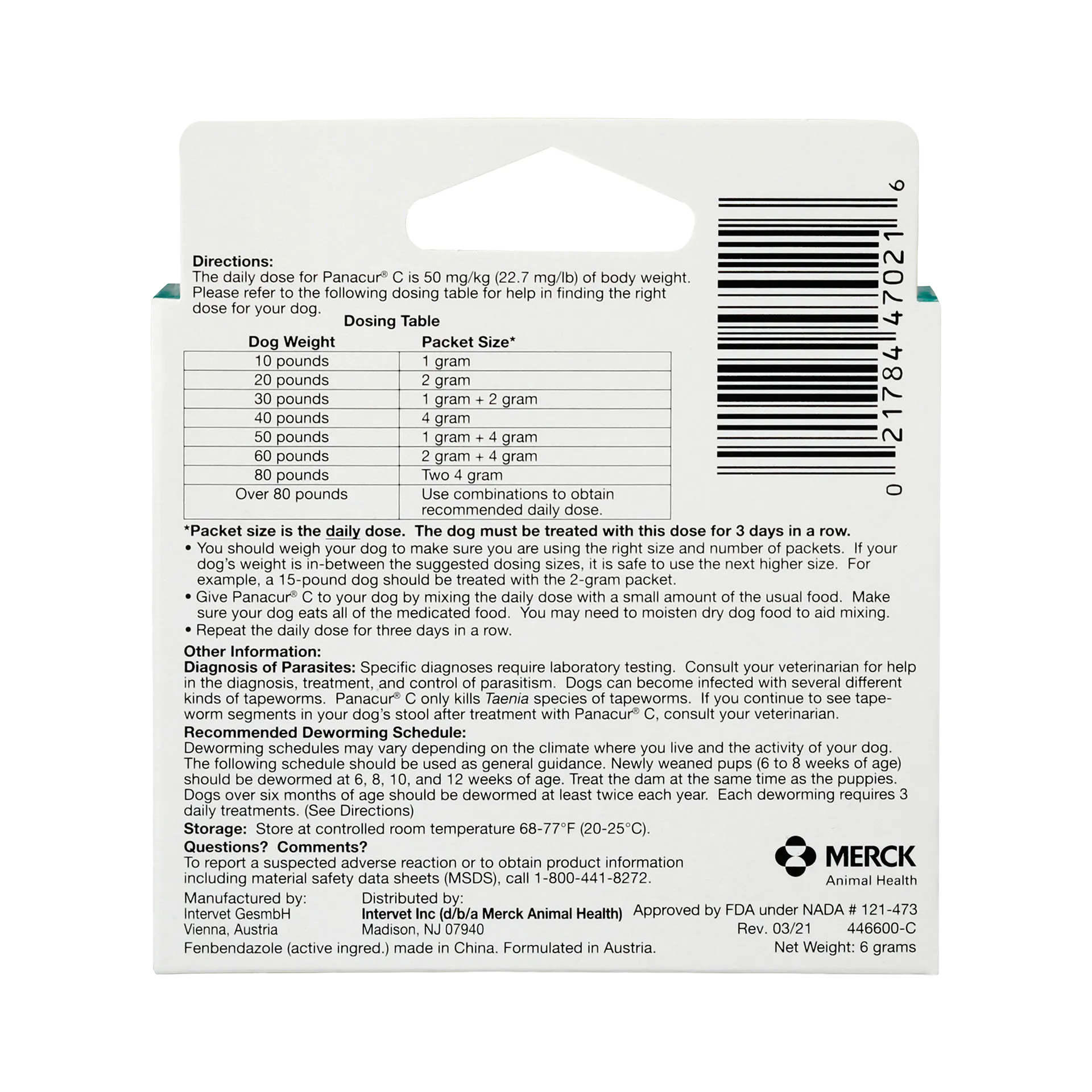 Panacur® C Canine Dewormer,"Back of product box with dosing table and barcode"
