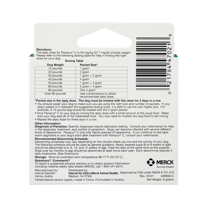 Panacur® C Canine Dewormer,"Back of product box with dosing table and barcode"