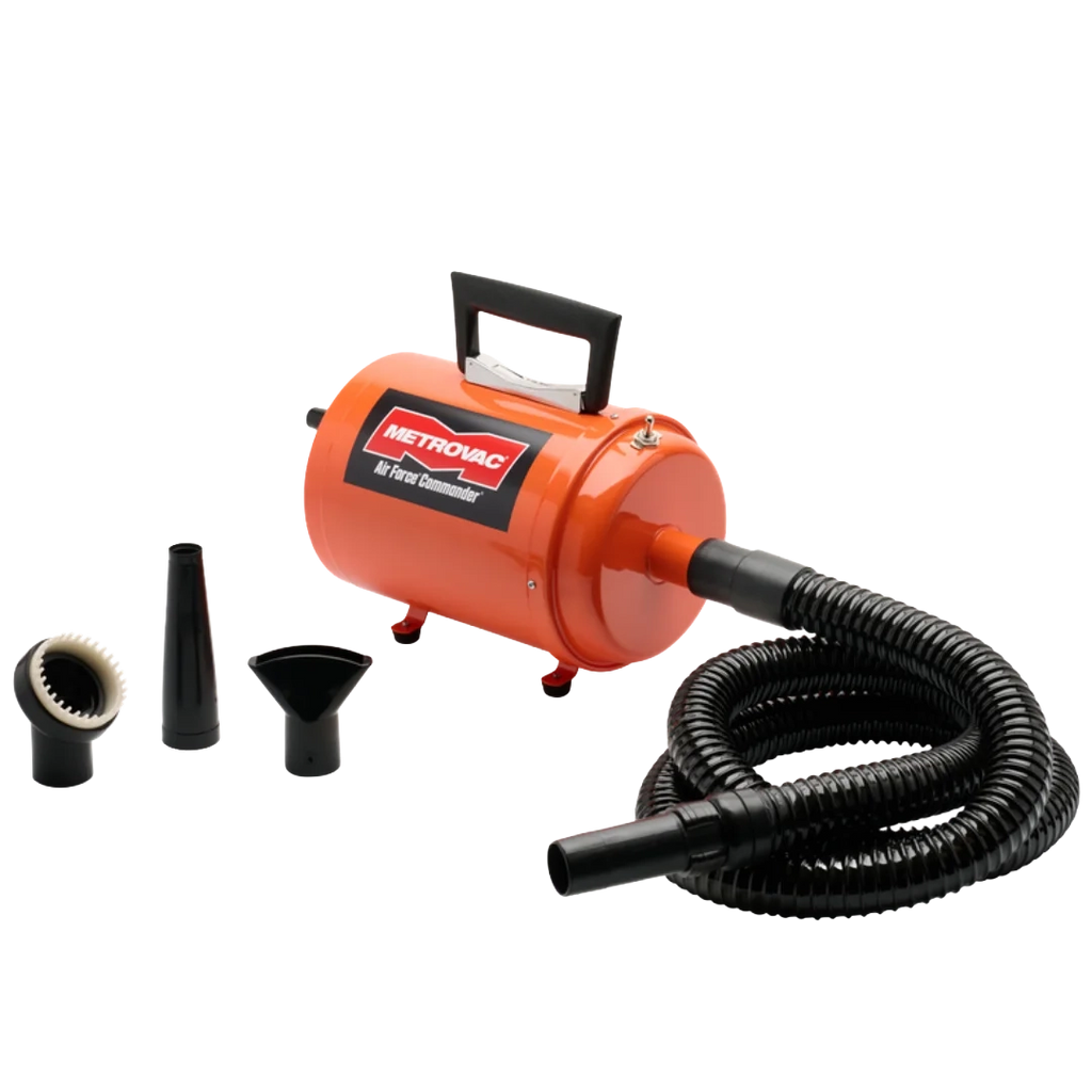 Air Force Commander Two Speed Dryer,"Orange canister dryer with black hose and three nozzle attachments"