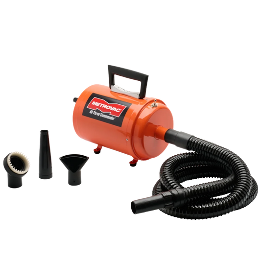 Air Force Commander Two Speed Dryer,"Orange canister dryer with black hose and three nozzle attachments"