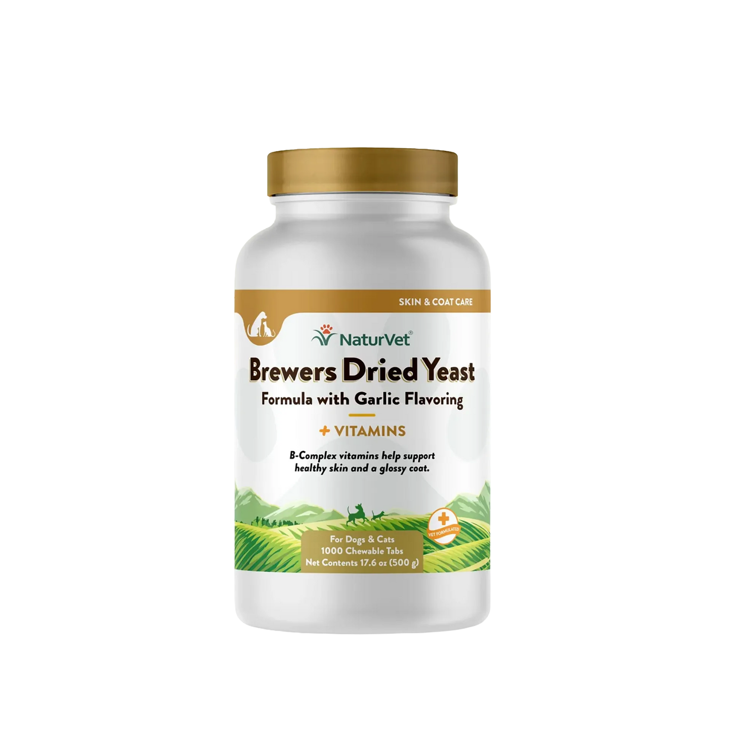 Brewers Dried Yeast Formula with Garlic Flavoring,"White supplement bottle with gold cap and front label"