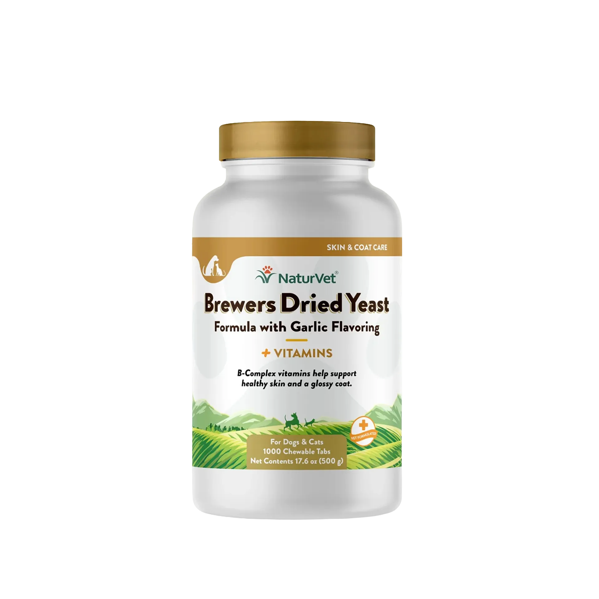 Brewers Dried Yeast Formula with Garlic Flavoring,"White supplement bottle with gold cap and front label"