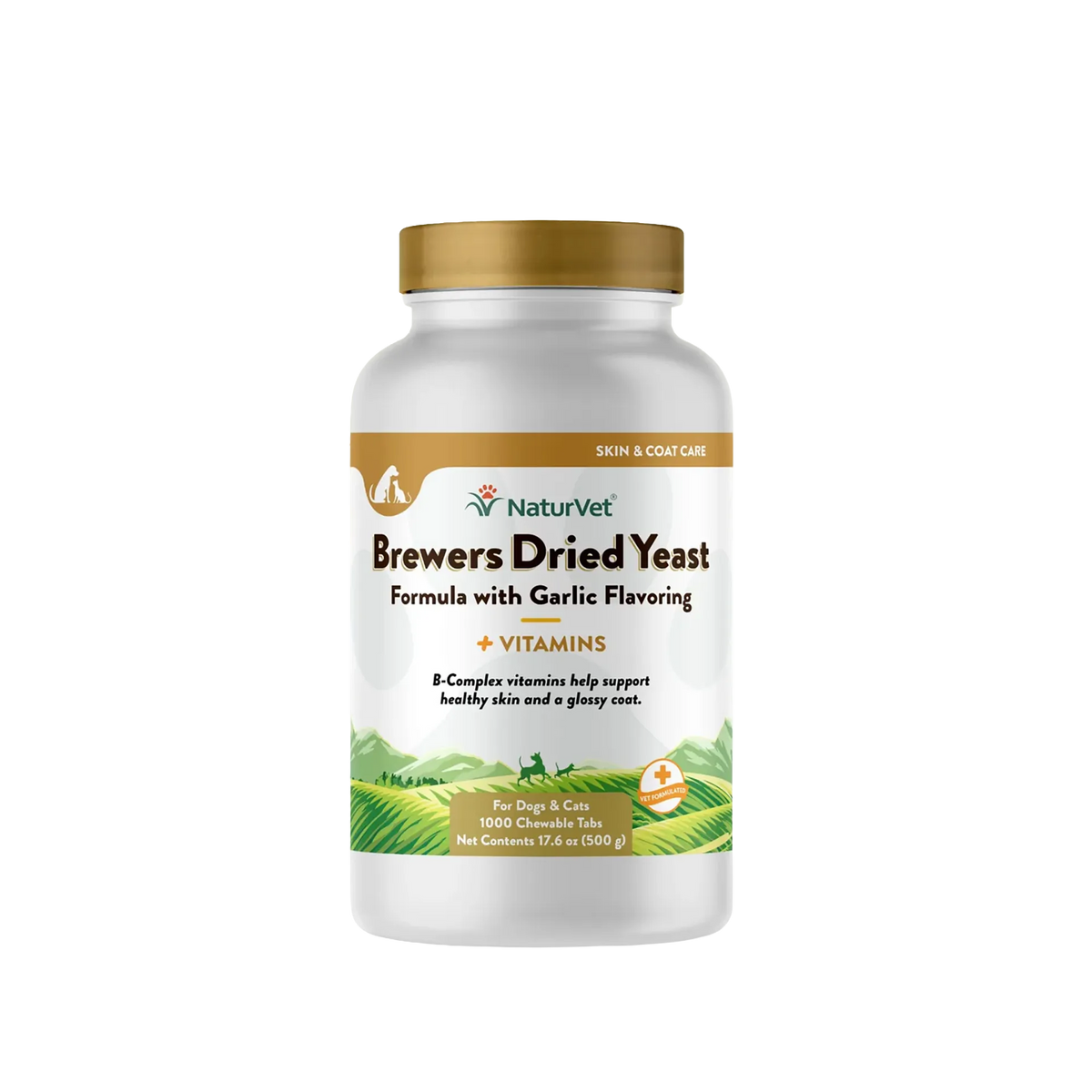 Brewers Dried Yeast Formula with Garlic Flavoring,"White supplement bottle with gold cap and front label"
