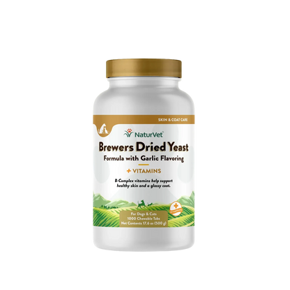 Brewers Dried Yeast Formula with Garlic Flavoring,"White supplement bottle with gold cap and front label"