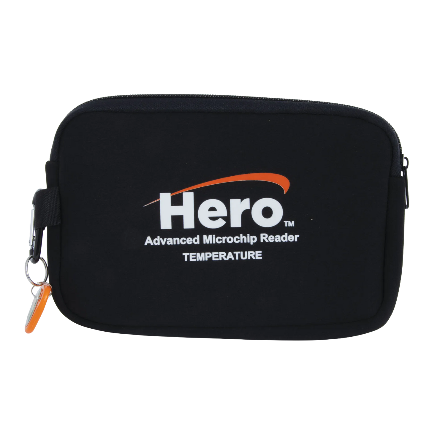 Hero™ Universal Microchip + Temp Scanner,"Black zippered carrying case with orange zipper pull"