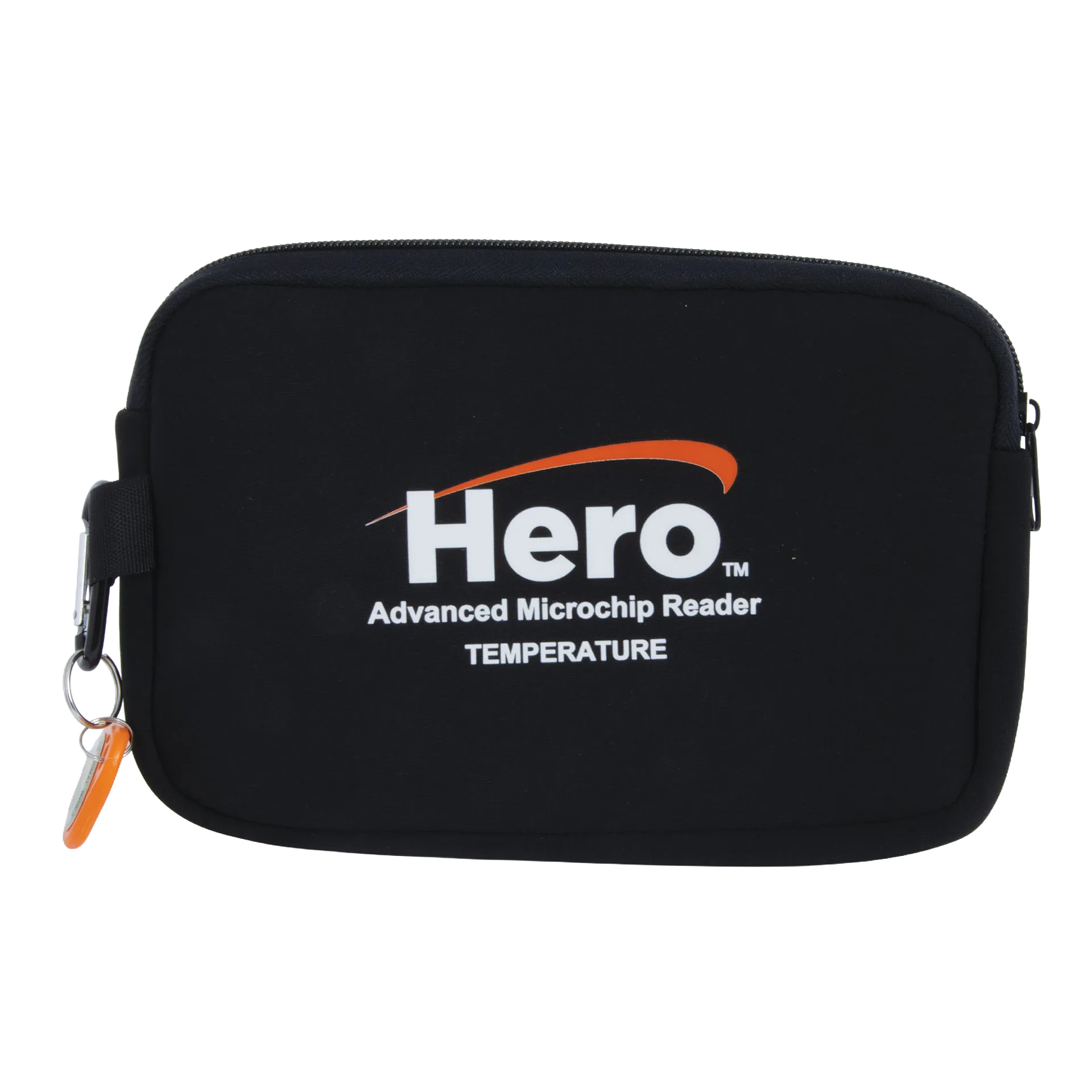 Hero™ Universal Microchip + Temp Scanner,"Black zippered carrying case with orange zipper pull"