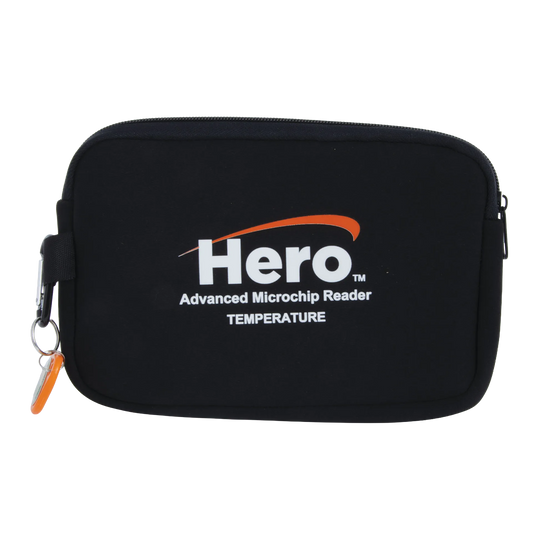 Hero™ Universal Microchip + Temp Scanner,"Black zippered carrying case with orange zipper pull"