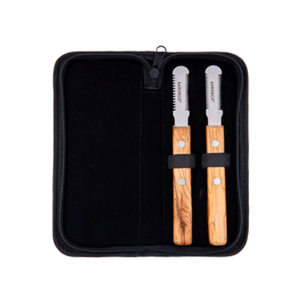 Aaronco Super Quad Stripping Knife set,"Open black zip case with two wood-handled stripping knives"
