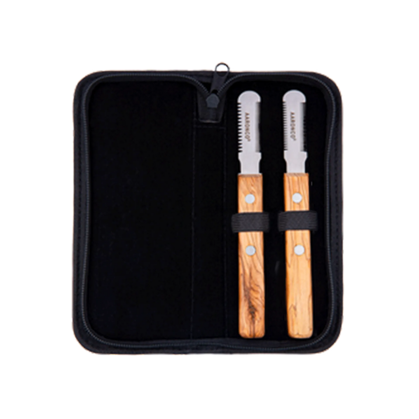 Aaronco Super Quad Stripping Knife set,"Open black zip case with two wood-handled stripping knives"