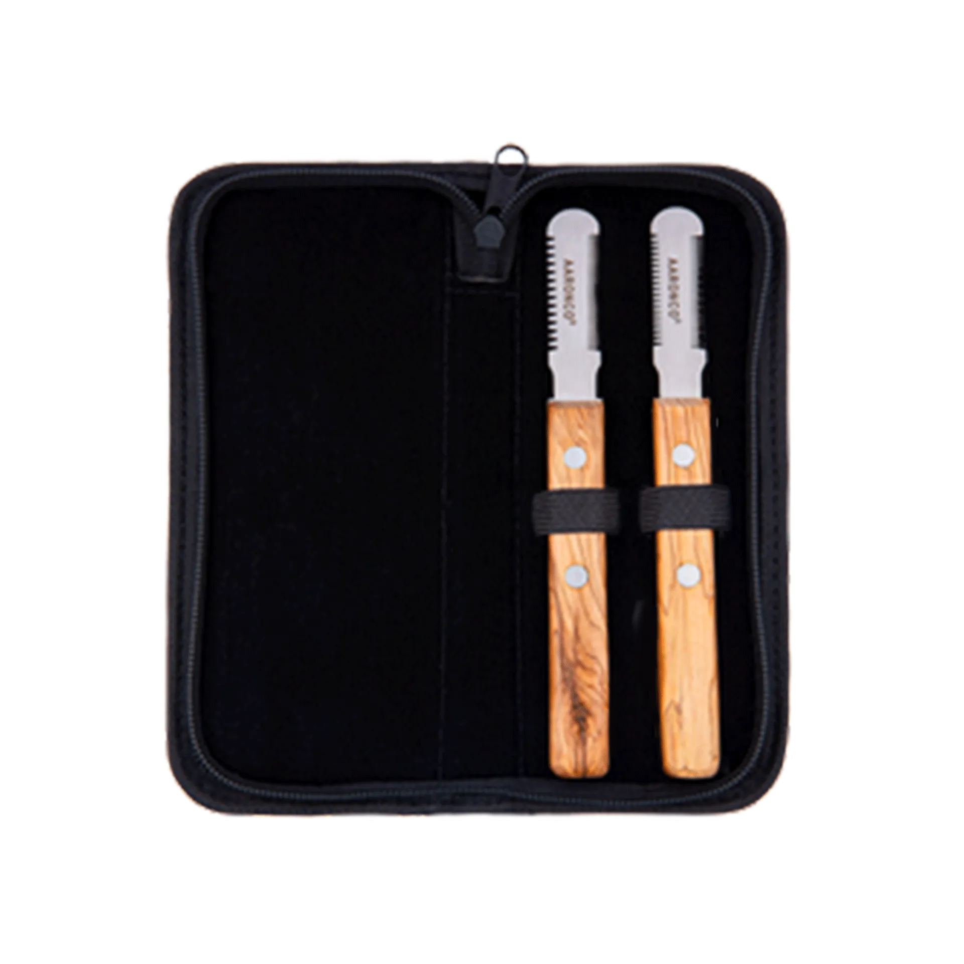 Aaronco Super Quad Stripping Knife set,"Open black zip case with two wood-handled stripping knives"