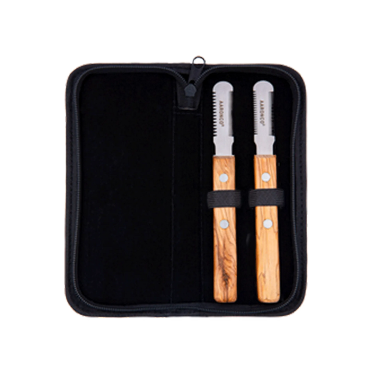 Aaronco Super Quad Stripping Knife set,"Open black zip case with two wood-handled stripping knives"